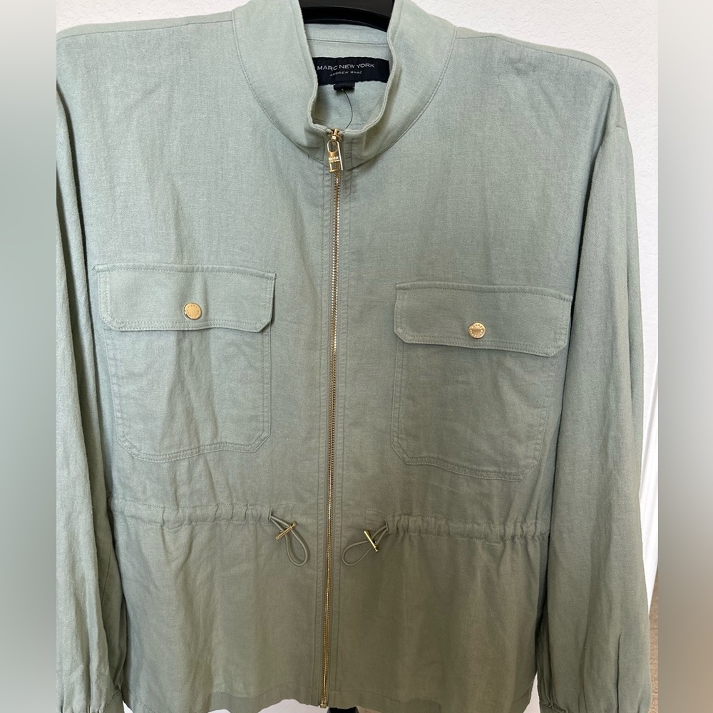 Andrew Marc Women's Green 100% Linen Full Zip Jacket Long Sleeves Pockets XL.NWT